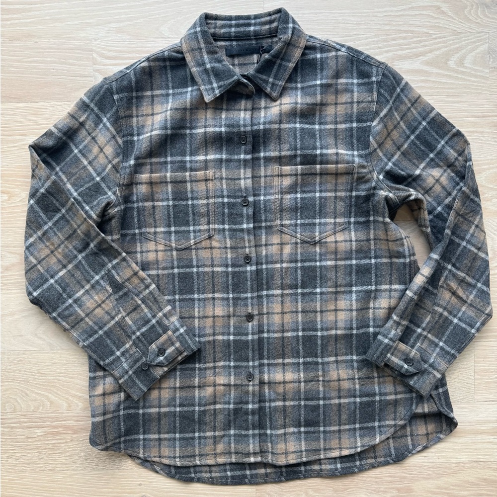 Jenni Kayne Plaid Button-Up Shirt in Black and Tan wool size medium